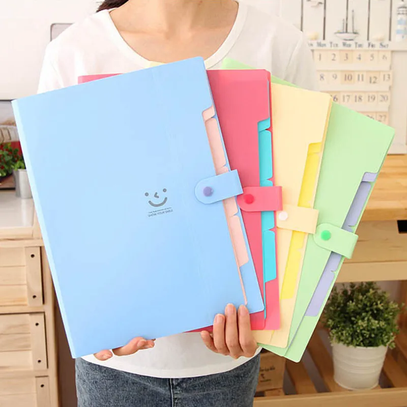 

Korean Candy Colors Waterproof A4 File Folder Smiling Face Design 5 Into Paper Document Bag Rectangle School Home Office LZ1281