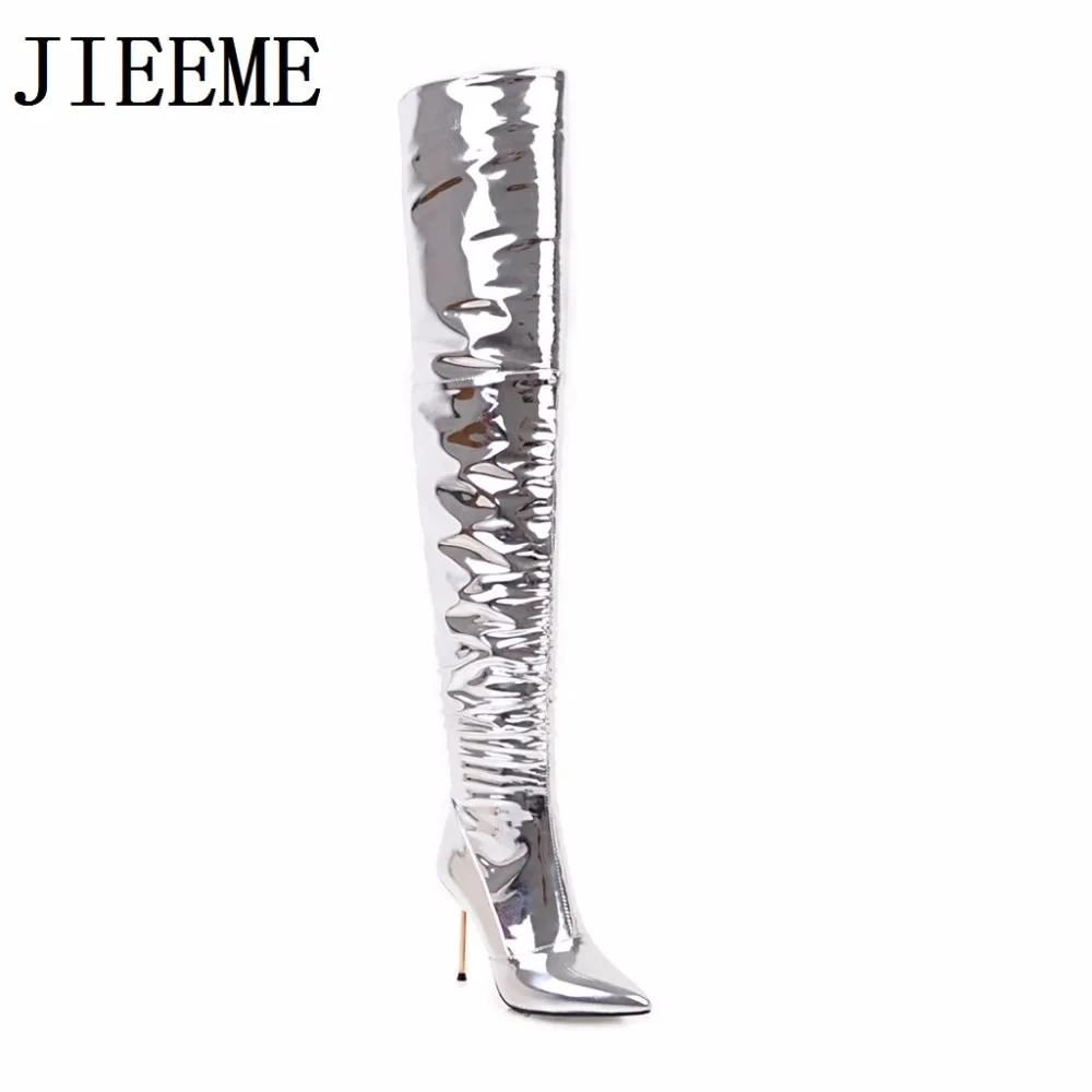 Arrivée Pu Femmes Bottes Bout 2018 Talons Grande Mince Pointu Zip the genou Chaussures Flock Nouvelle Femme Taille Argent Sexy Over Haute Super kPZXiuwOlT