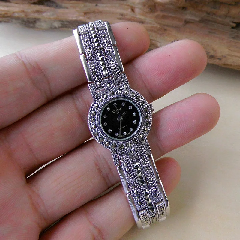 

S925 Sterling Silver Watch Retro Thai Silver Black Gold Stone Fashion Ladies Silver Watch Detachable Section Bracelet