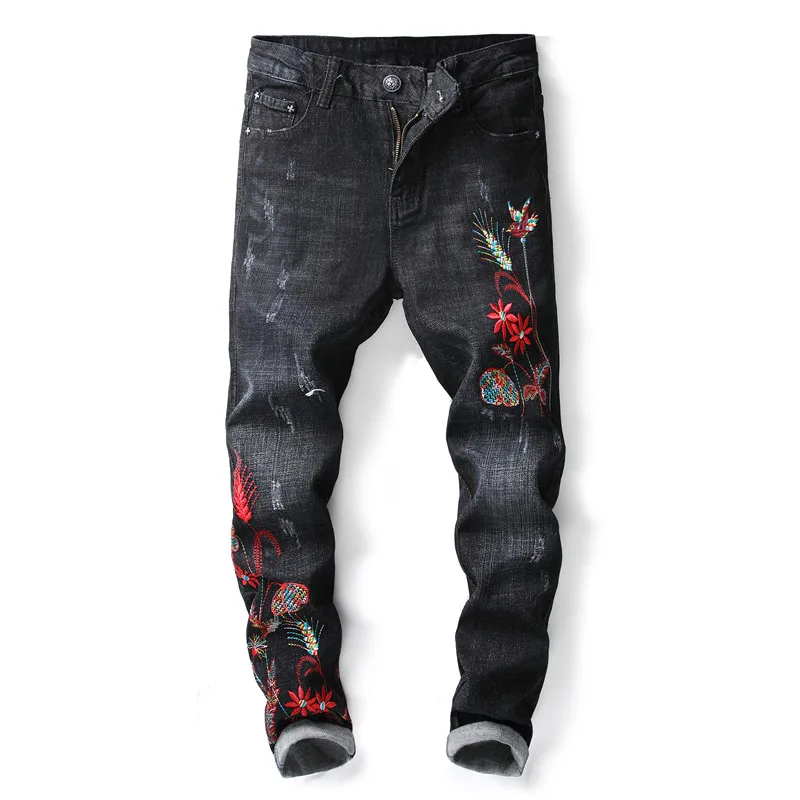 New Fashion Brand Flower And Bird Embroidered Jeans Men's Scratched ...