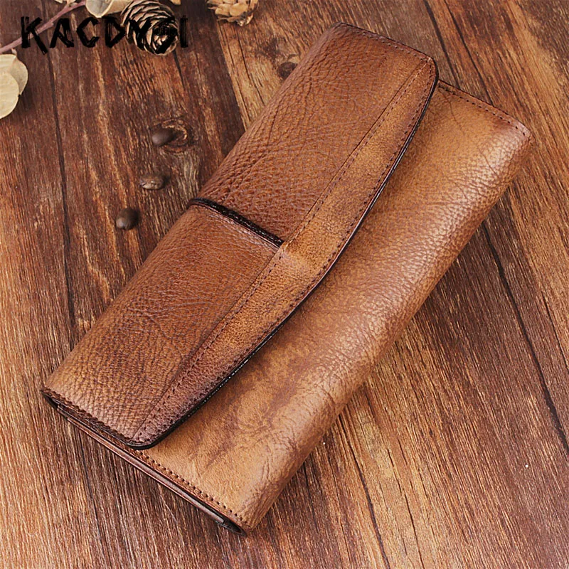 

Genuine Leather Vintage Designer Unisex Long Wallet Natural Cow Leather Trifold Card Wallet Ladies Large Capacity Clutch Purse