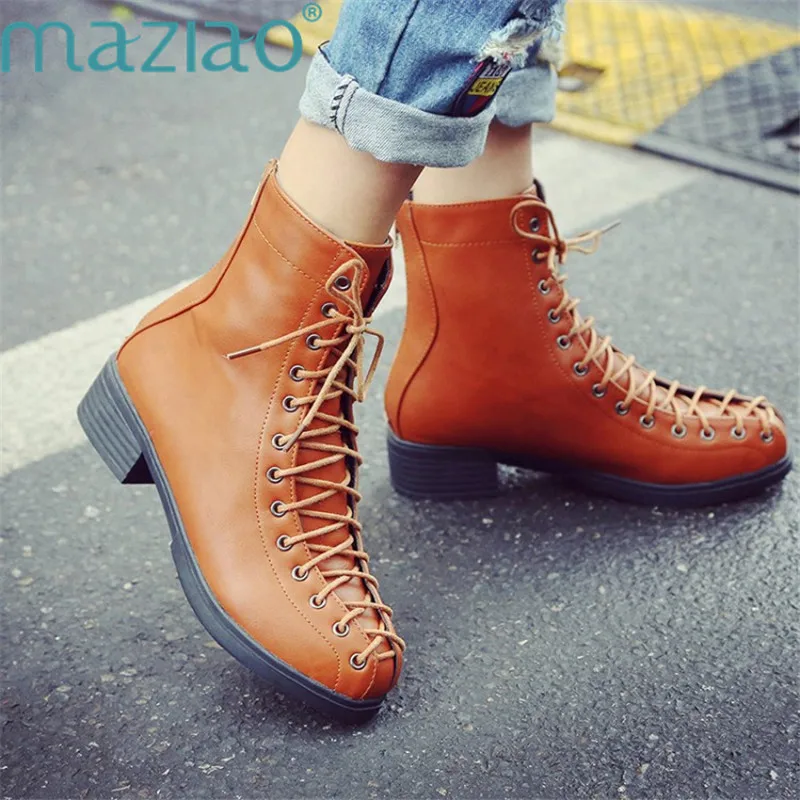 

Med Heels Boots Martin Boots Cross Strap Leather Shoes Round Toe Back Zipper Casual Comfortable Ankle Boots MAZIAO