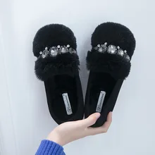 Зимние теплые туфли без задника на плоской подошве с украшением в виде кристаллов; женские мокасины с кроличьим мехом Рекс; женские эспадрильи; большие размеры 41, 42; zapatos mujer