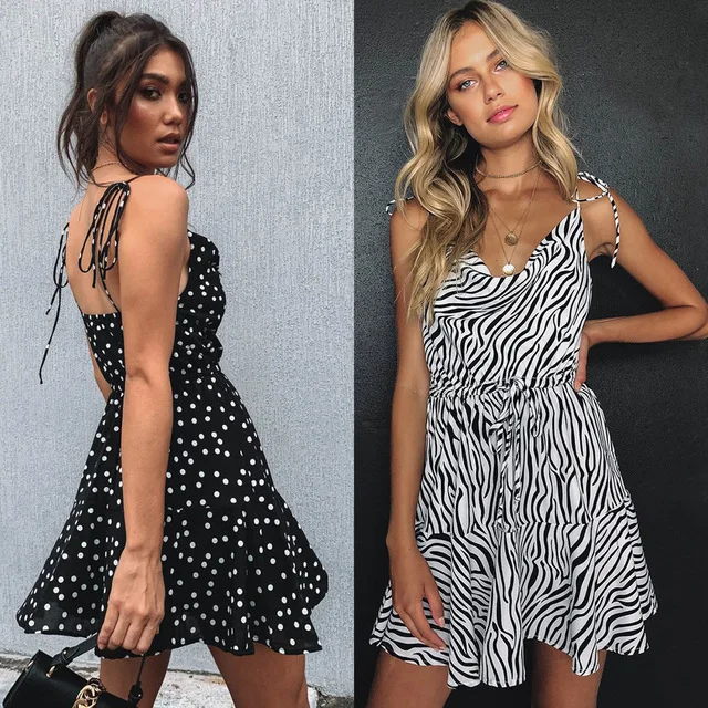 

Summer Dresses Women's Wear Sexy Zebra Stripes Backless Camisole A Collar-swinging Dress boho dress summer clothes for women