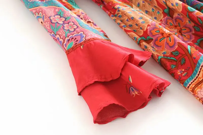 Винтажное шикарное женское пляжное богемное мини-платье с цветочным принтом и расклешенными рукавами, женское летнее плиссированное платье в стиле бохо с v-образным вырезом, vestidos