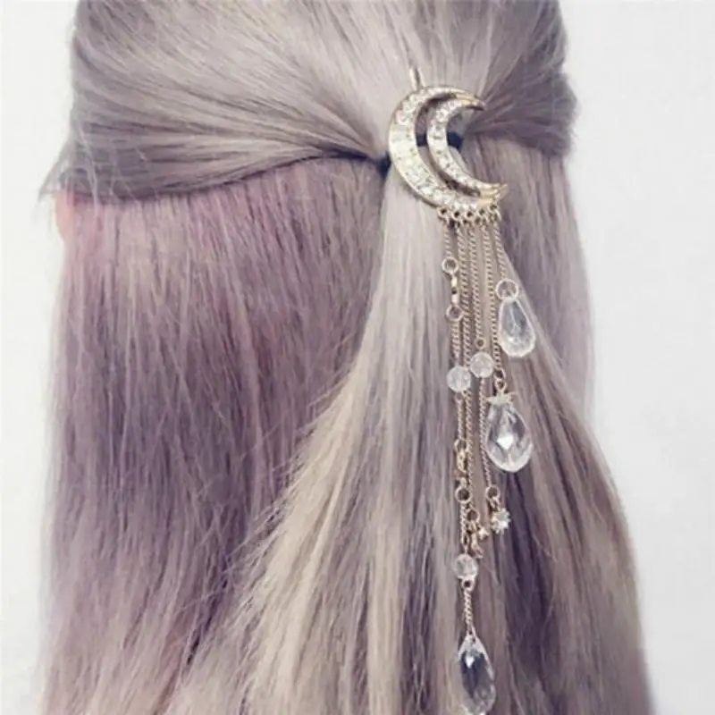 Elegant Moon Crystal Hair Pins Long Tassels Hair Clips for Women