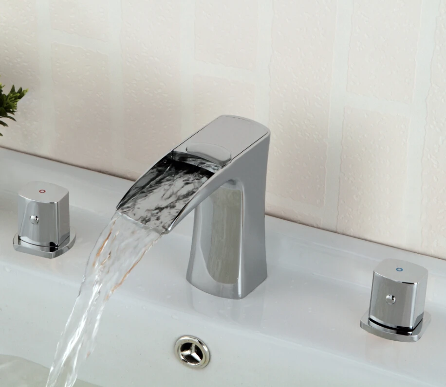 Deck Mount Double Handles Bathtub Basin Mixer Faucet Brass Waterfall Widespread Bathroom Tub Taps