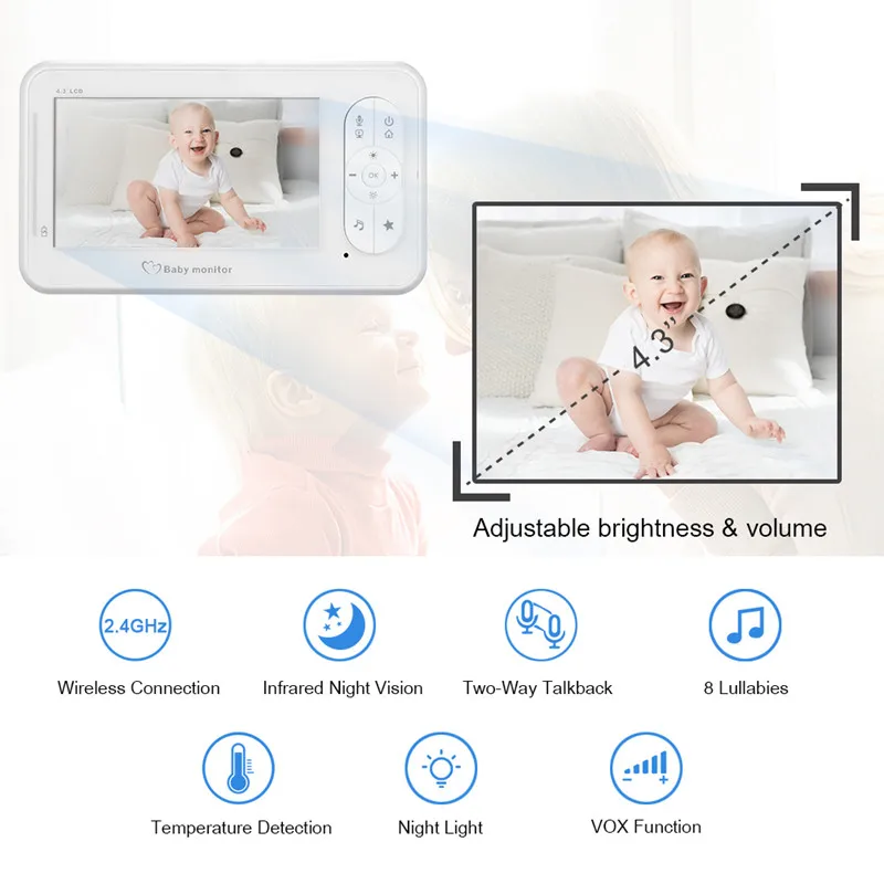 MBOSS 4.3inch Wireless Video Baby Monitor 2 Way Talk Baby Monitor With Camera Support 4 Cameras VOX