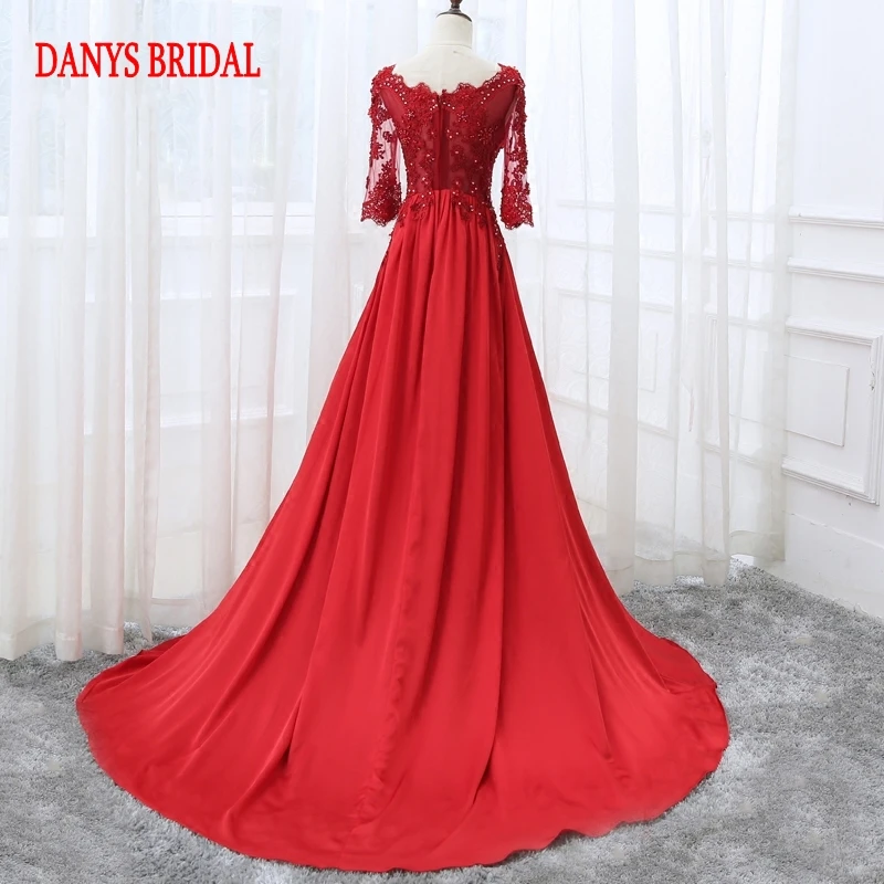 Red Long Sleeve Lace Evening Dresses Party Satin Women Prom Beaded Formal Evening Gowns Dresses robe de soiree longue