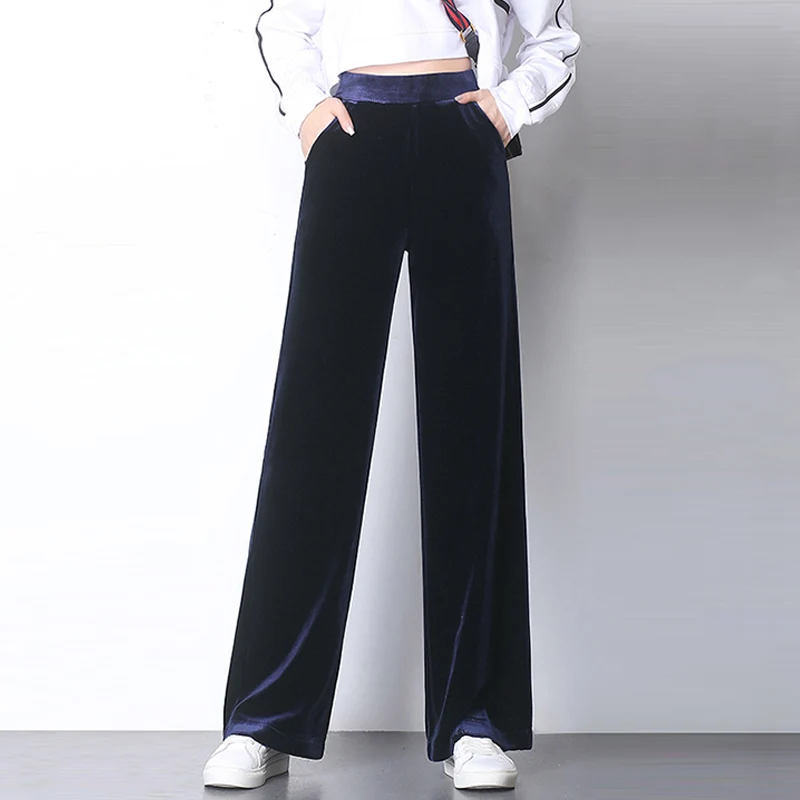 Мода, осенние женские длинные вельветовые штаны, свободные, повседневные, широкие, велюровые штаны размера плюс, вельветовые брюки, расклешенные штаны для женщин, 3XL - Цвет: Navy