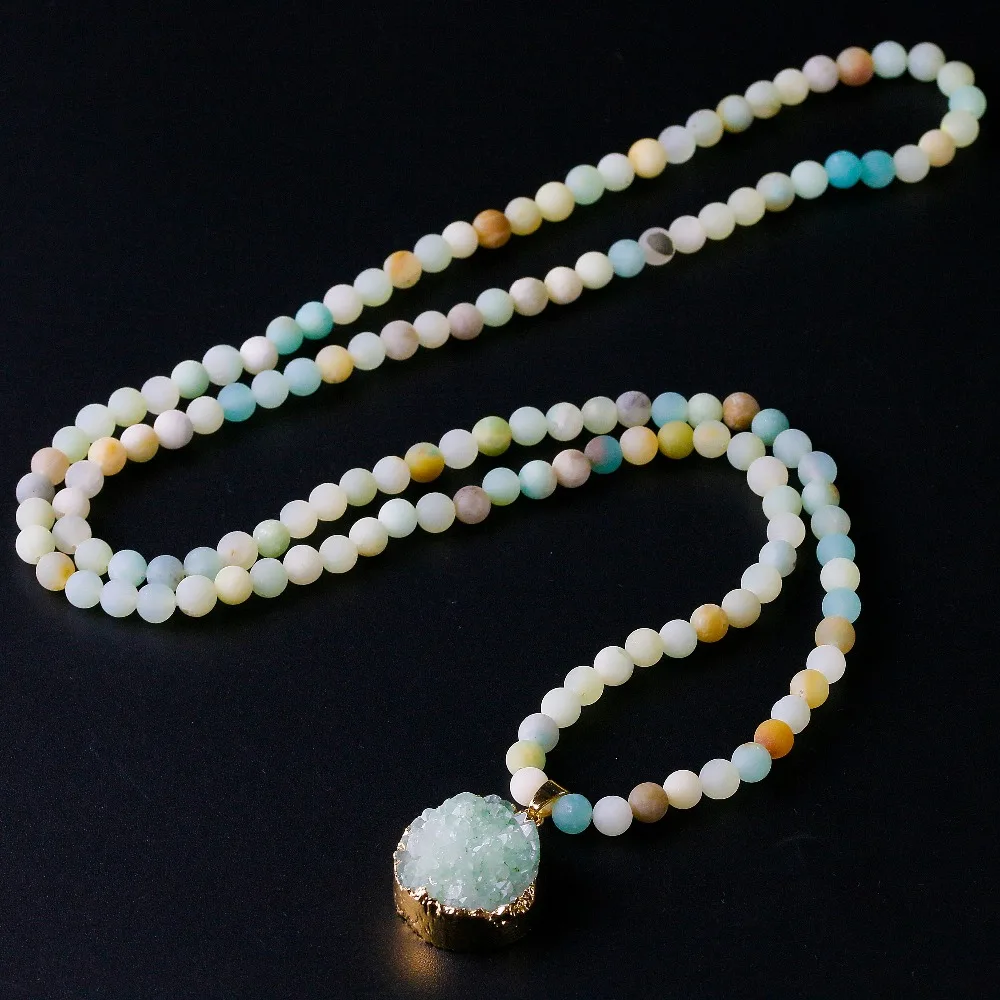 

Natural Sea sediments 6MM Beads Imperial Stone With Druzy Pendent Charm Necklace For Women Men Unisex Jewelry Lover's Gift