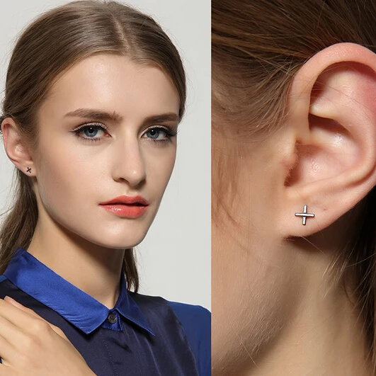 

Simple Design 6MM Anodize Black Genuine 925 Sterling Silver Cross Earrings Unisex Jewelry Free Shipping