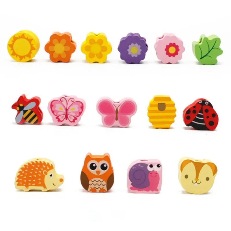 3D DIY Toy Wooden String Beads Fruit Tree Animal Colorful Baby Early Education Toy Kids Gift Montessori Stringing Beads