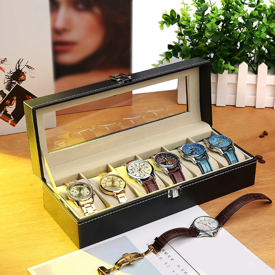 

2019 New 6 Grids Watch Display Box Hot High-end Watches Box caseTransparent Plastic Shell Quality PU Watch Box Winder Case