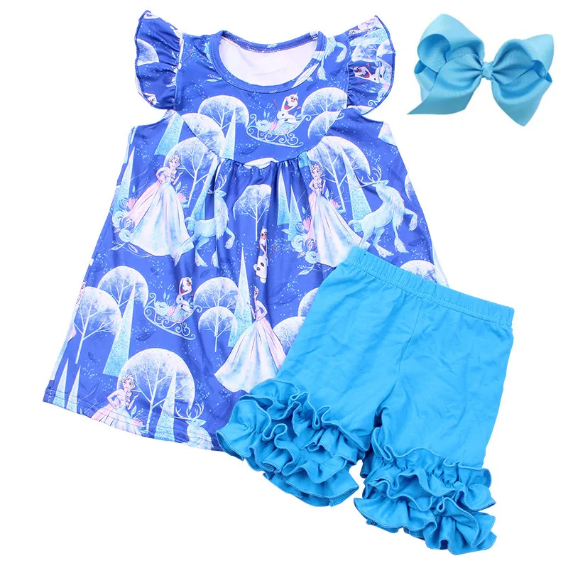 

Summer Elsa Boutique Outfits Princess and Olaf Print Girls Set Children Blue Cartoon Party Clothing Ruffle Milksilk Set With Bow