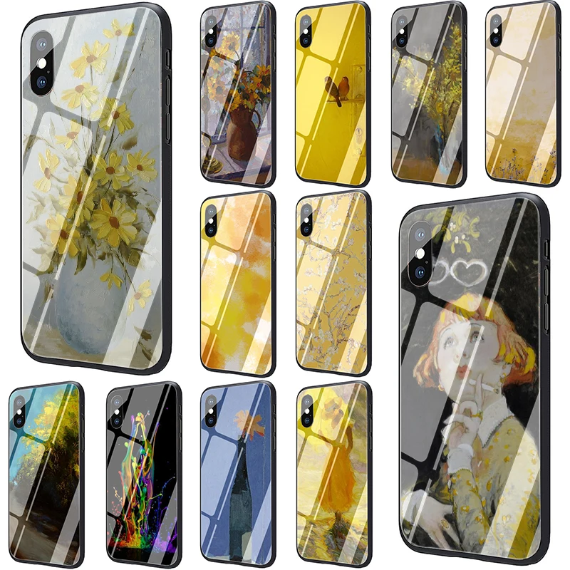 cheap Aesthetics Yellow Oil Painting Tempered Glass Phone case for iphone 5 5s SE 6 6s 7 8 Plus X XR XS 11 Pro Max