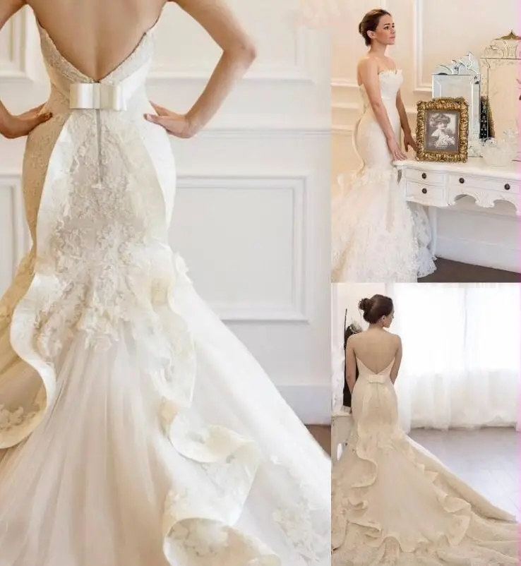 

Vintage Mermaid Lace Wedding Dresses 2019 Strapless Backless Chapel Train Appliques Ribbon Ruffles Cheap Romantic Bridal Gowns