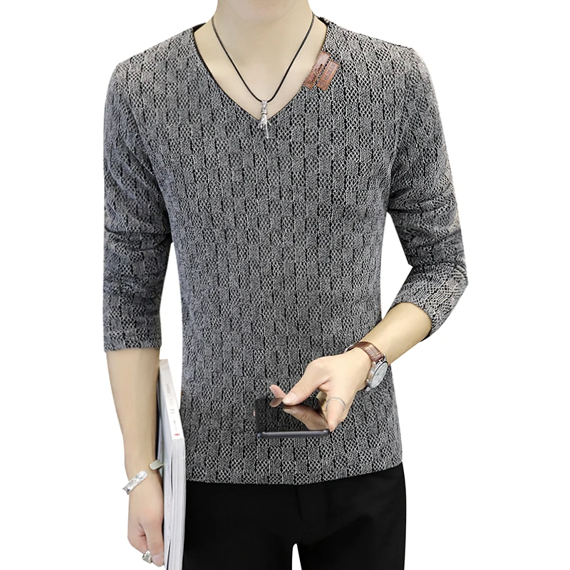 

2019 V-Neck Sweaters Stylish Knitted Long Sleeve Men Sweater Male Solid Bottoming Sweaters Pullover 5 Colors M-6XL