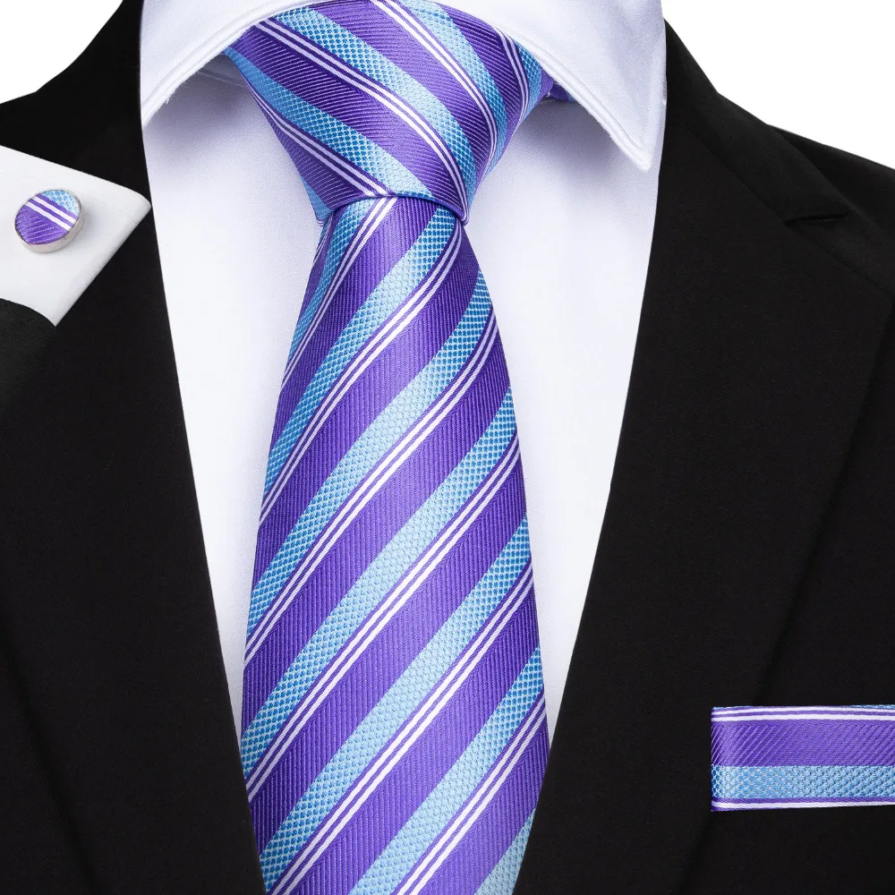 

DiBanGu New Luxury 100% Silk Light Purple Skyblue Striped Tie Casual Wedding Fashionable Casual Tie With Pocket Square MJ-7106