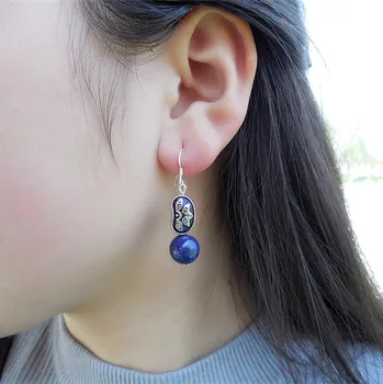 

Original vintage handmade craft BEAD CRYSTAL BLUE Thai national scenery Lapis shinv emperor earrings earrings