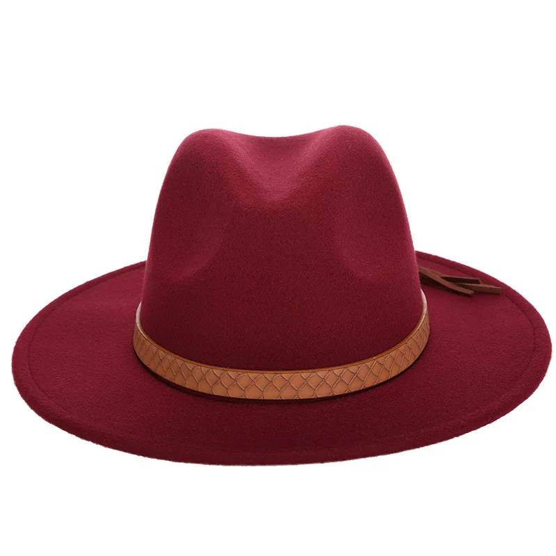 Новая модная однотонная мужская Шляпа Fedora на осень и зиму, шерстяная кожаная Мужская винтажная Классическая Шапка Sombrero - Цвет: Wine