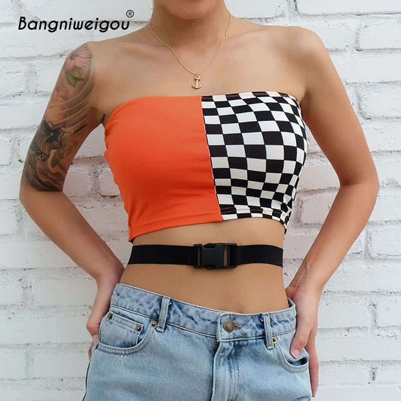 

Bangniweigou Checkered Two Tone Bandeau with Buckle Women Black White Checkerboard Tube Tops Off Shoulder Cami Top T Streetwear