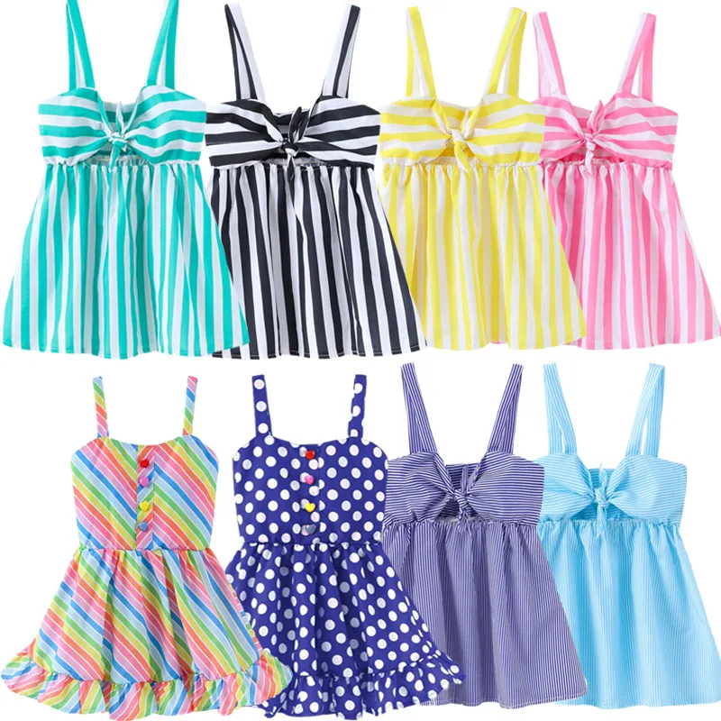 Милое платье с бантом детское Полосатое на бретелях для девочек летнее пляжное