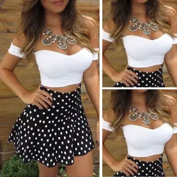 

Summer Party Fashion Cute Women Short Sleeve Off Shoulder Shirt Top Polka +Dot Print Mini Skirt 2PCS Outfits Ladies Clothes Set