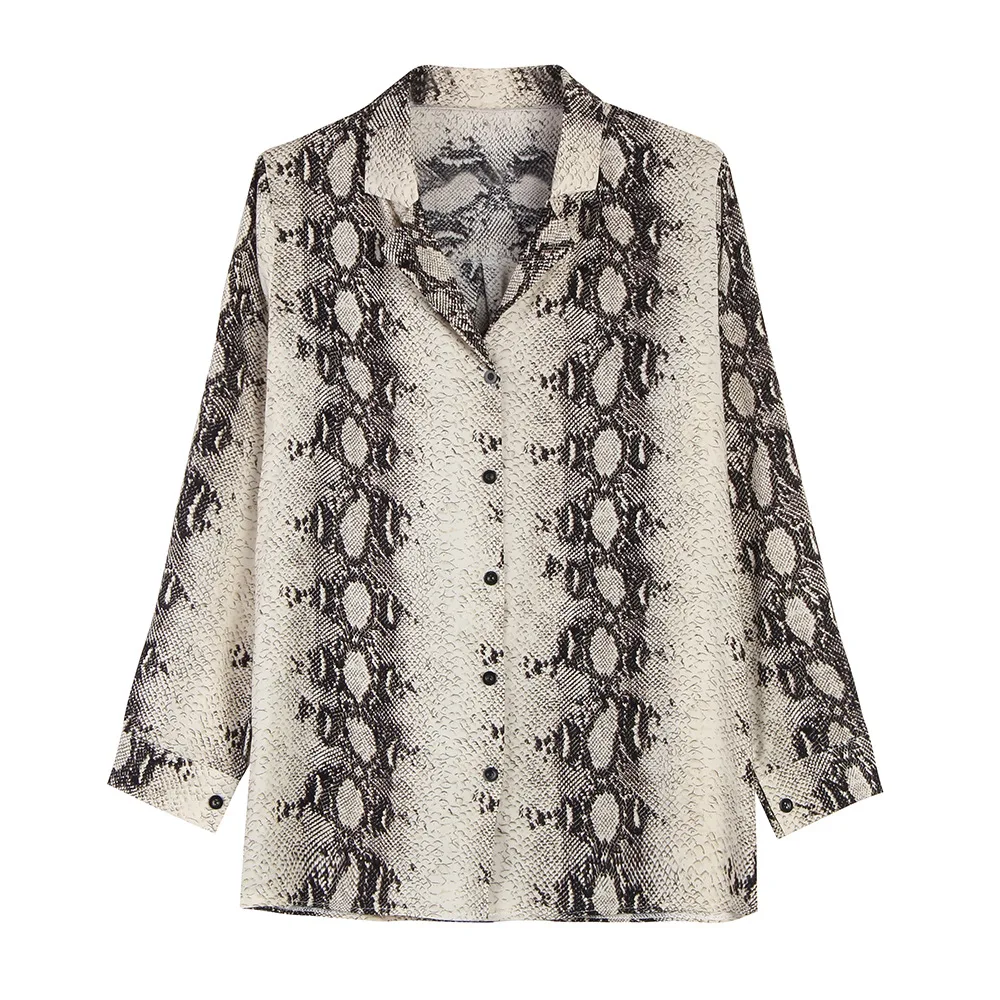 

Fashion snake print cotton shirts women long sleeve notched collar shirt 2019 spring autumn new arrival