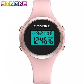 

SYNOKE Women Digital Waterproof Electronic Sports Watch For Women Fitness Rubber Wrist Watch 5 Bar Lady LED Candy Pink Clock