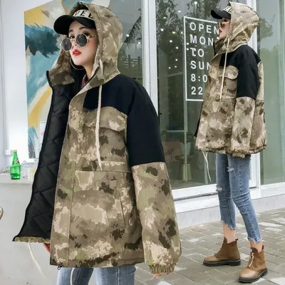 Зимняя камуфляжная куртка Женская Корейская хлопковая одежда с капюшоном для девочек свободные зимние женские пальто Харадзюку X154 - Цвет: Sheng ka qi