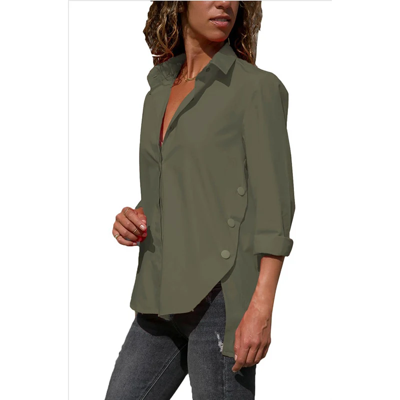 Женские Необычные Блузы больших размеров 3XL 4XL 5XL, повседневные шифоновые рубашки больших размеров, Весенняя Однотонная рубашка с отложным воротником - Цвет: Армейский зеленый