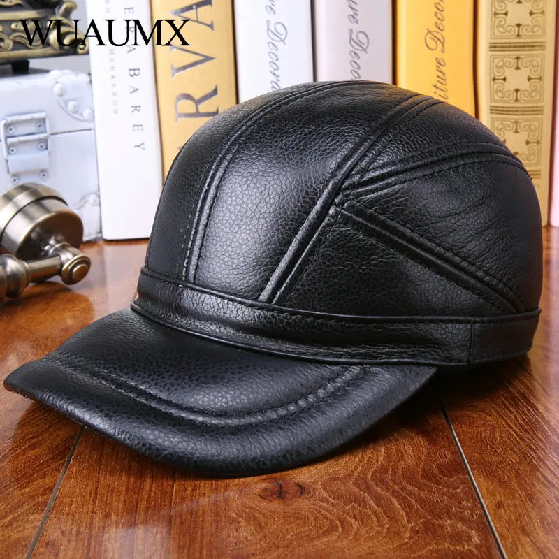 

Wuaumx Cowskin Men's Baseball Caps With EarFlap Autumn Winter Genuine Leather Hat Keep Warm Dad Cap Middle-aged Cow Leather Cap