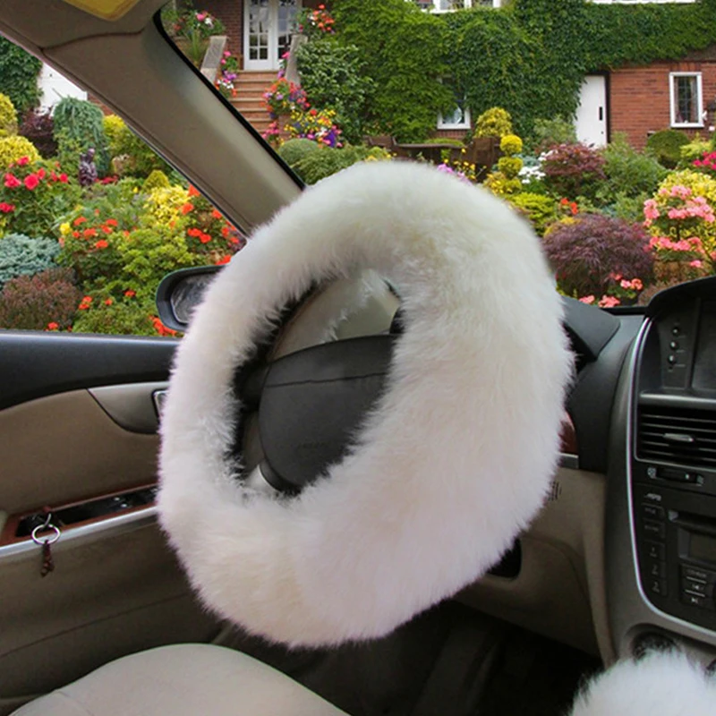 

3Pcs/Set Pink Warm Plush Wool Steering Wheel Cover Furry Fluffy Car Accessory
