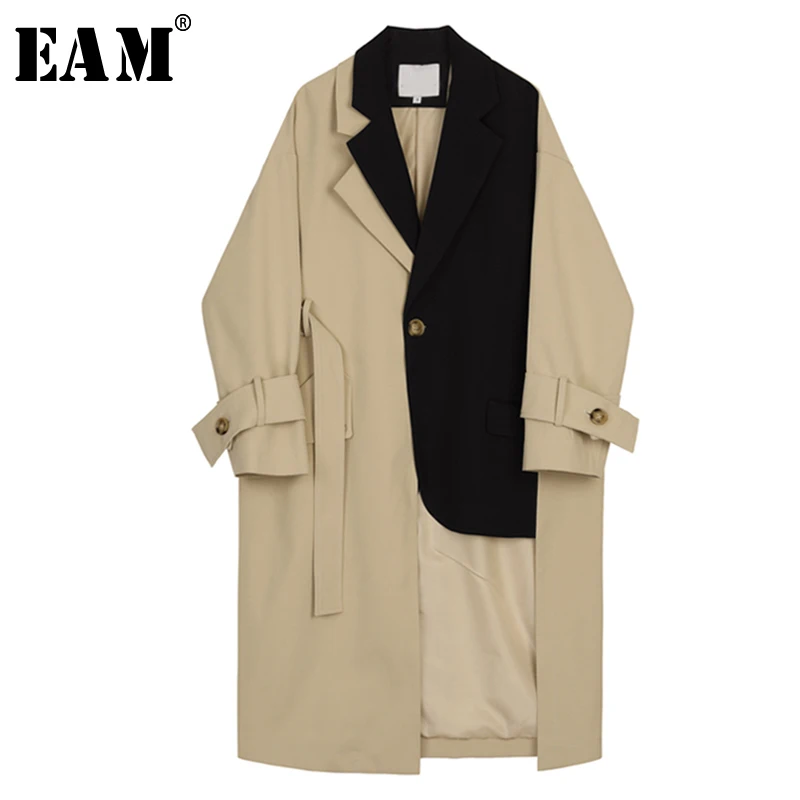 [EAM] New Autumn Winter Lapel Long Sleeve Button Spliced Bandage Loose long big size Windbreaker Women Trench Fashion JY712