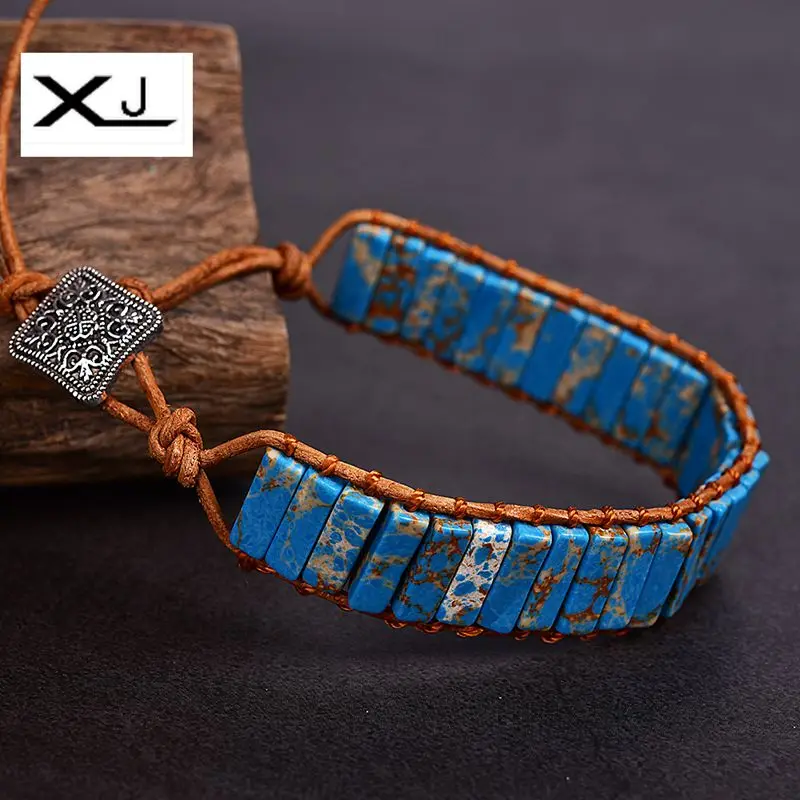 

XIN JIAO Handmade Imperial Jaspers stone Thread Tube Beads Leather Cowhide Rope Wrap Bracelets Jewelry Women Gift