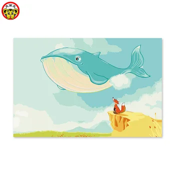 

Digital oil painting sky flying whale fox cartoon cartoon little girl painting children's room