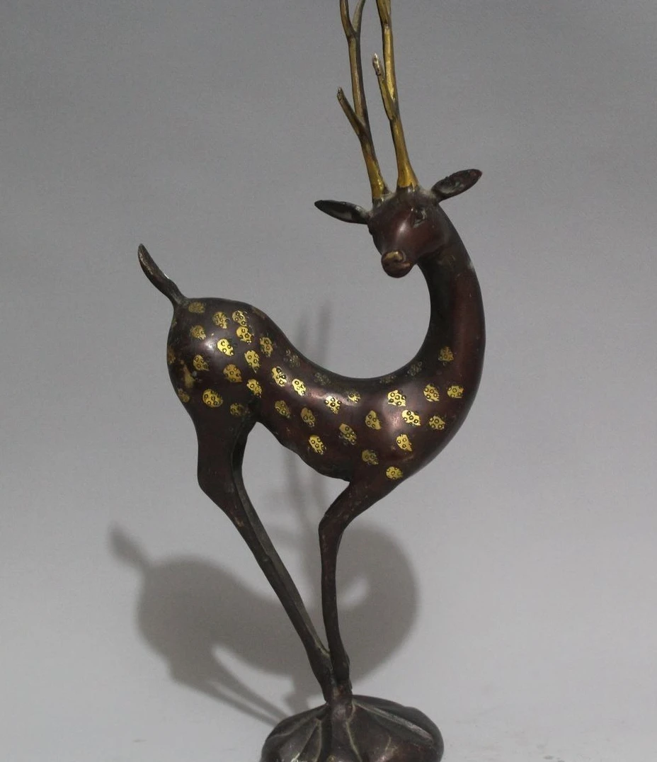 

11"Chinese Feng Shui Folk Bronze Gild Animal Deer Sika deer auspicious Statue