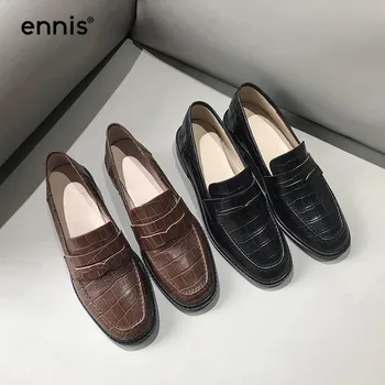 

ENNIS 2019 Fashion Loafers Shoes Women Genuine Leather Casual Shoes Embossed Stone Pattern Brown Black Flats Moccasins New C9106