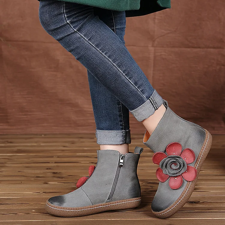 Autumn and Winter Boots Female 2016 Flowers Women Boots Flat Casual Brush Color Martin Genuine Leather Ankle Boots FHC323-20