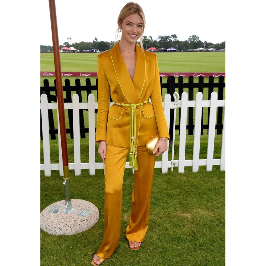 HIGH QUALITY New Fashion Designer Runway Suit Set Women's Rope Belt Yellow Blazer Suit Wide Leg Pants Set