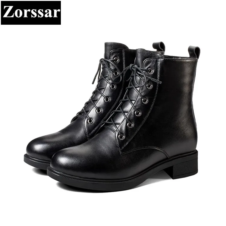 

{Zorssar} New fashion Genuine Leather womens boots Solid Med heel ankle Motorcycle boots autumn winter women shoes bottine femme