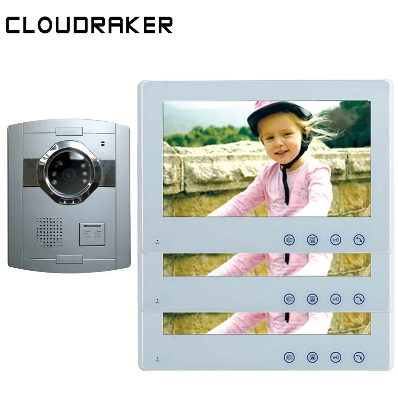 

CLOUDRAKER 10'' Video Doorbell Intercom System 3x Monitor with 1x Silver Wired Door Phone Camera Video Intercom