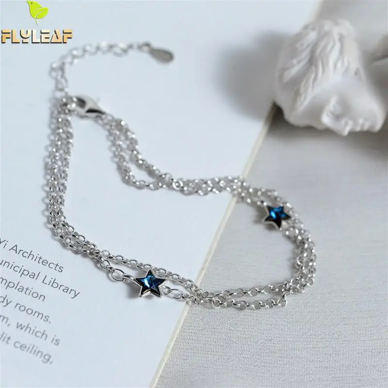 

Flyleaf 925 Sterling Silver Double-layer Stars Blue Crystal Bracelets For Women Simple Fashion Fine Jewelry Bracelets & Bangles