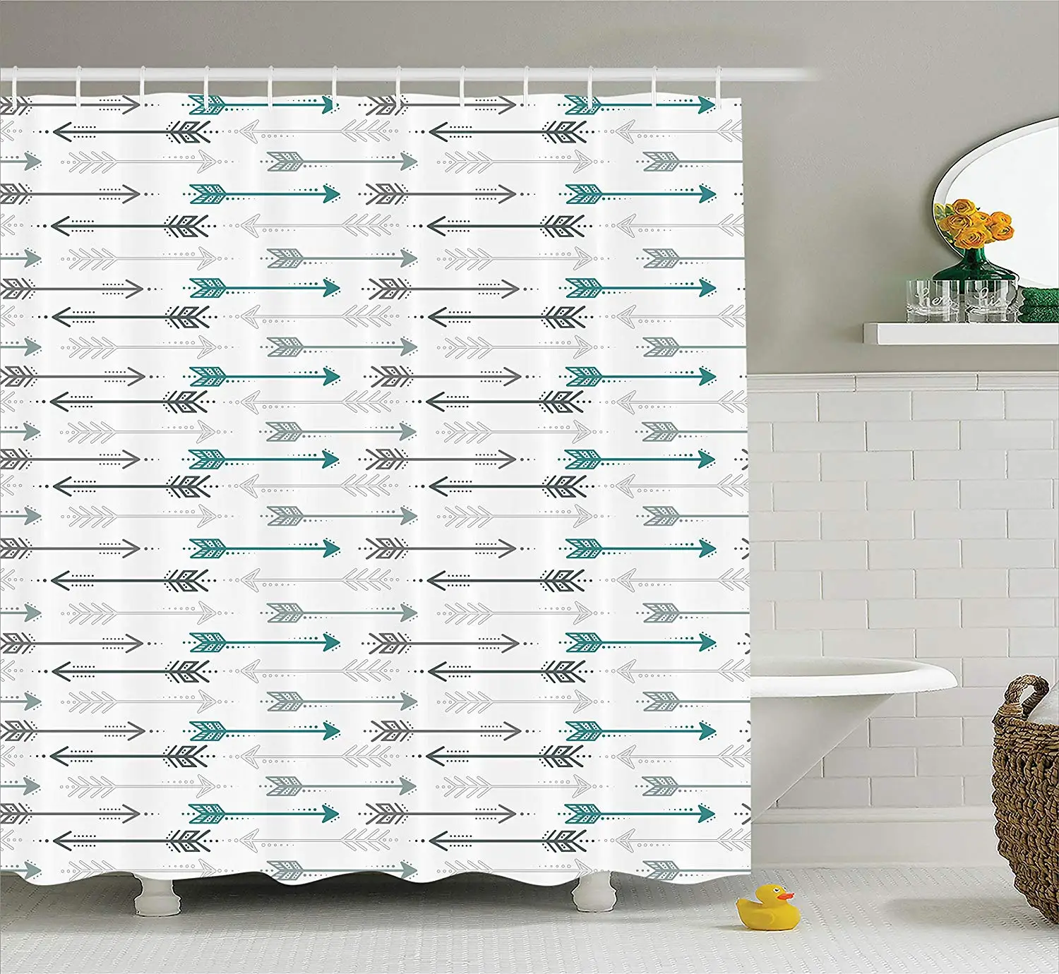 Teal Shower Curtain Retro Arrow Pattern in Horizontal Line Heading to