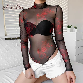 

ArtSu Autumn Dragon Black Mesh Body Woman Transparent Long Sleeve Bodysuit Sexy Bodycon Jumpsuit Ladies Streetwear ASJU20497