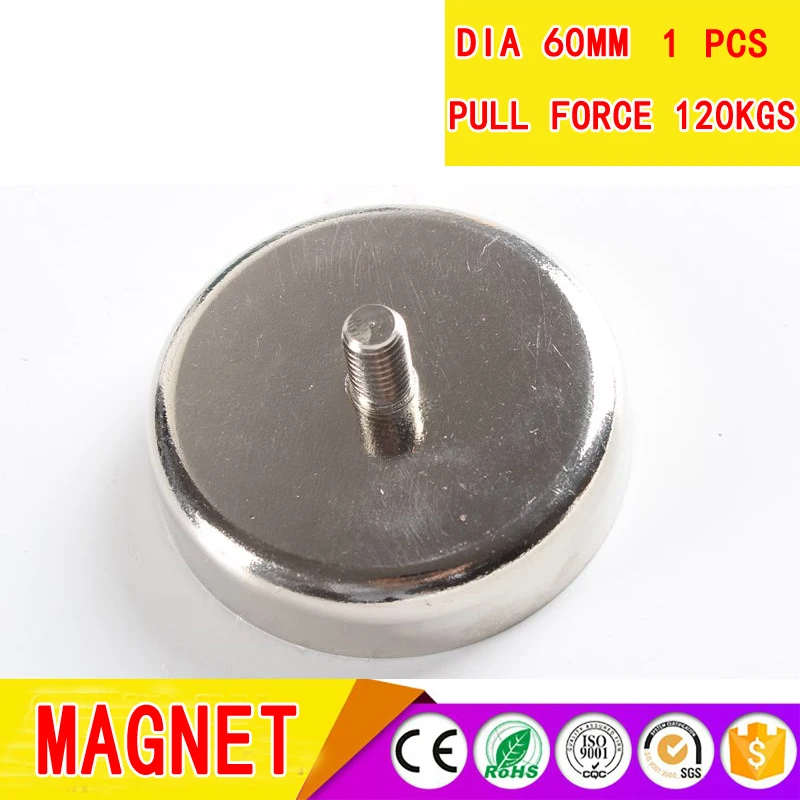 

Mounting magnet with a screw thread that is made by NdFeB magnet strong pulling force is 110 KGS the dia is 60mm with nuts