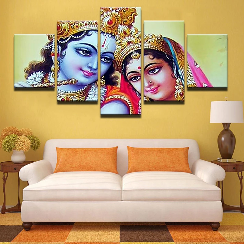 

Framework Canvas Wall Art 5 Panel India Myth Krishna And Radharani Painting Decor Modular Pictures For Living Room Bedroom Print