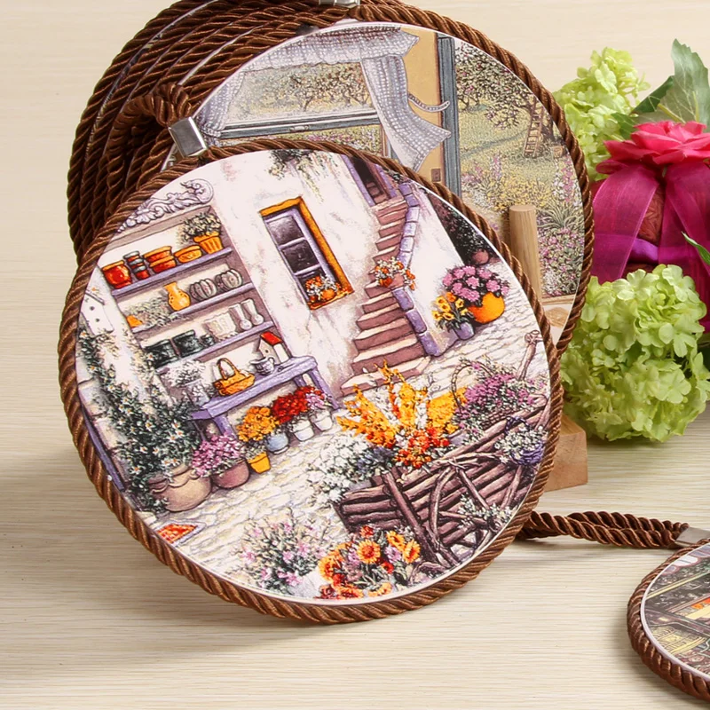 

1 PC Countryside Paint Ceramic Pad with Cork Back Cup Mats Slip-resistant Cup Round Coaster Mat Heat Insulation Diameter 17cm