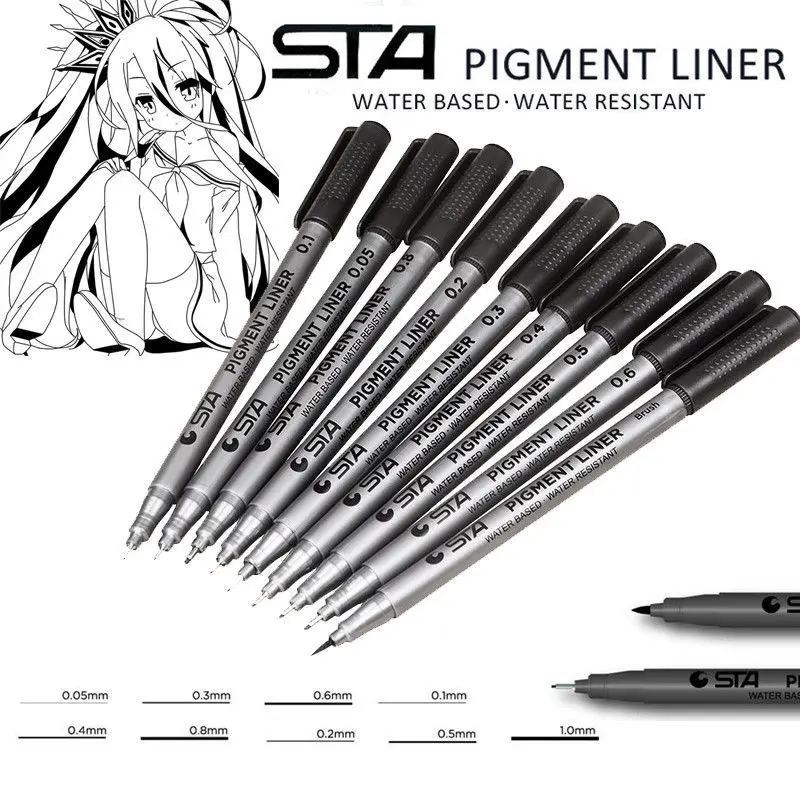 STA 9 Pcs/lot Pigment Micron Hook Liner Drawing Marker Pen Sketch Pens Brush Pen  for Drawing Painting Hand writing 6 pcs langhao hook line pen liner detail painting brush oil brushes drawing miniatures pens school fine watercolor